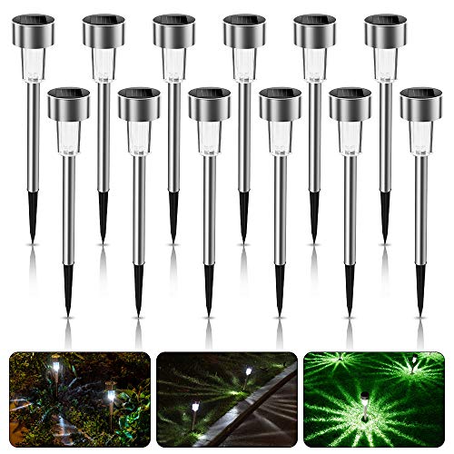Molbory Luces Solares Exterior Jardín, 12 Piezas Jardín Lámpara de Camino, IP65 Impermeable Luces Led Solares, Acero Inoxidable Farolillos Solares Exterior para Jardín (Luz Blanca)