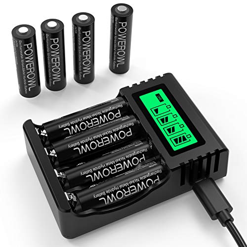 POWEROWL Pilas Recargables AA con Cargador, 8 Piezas Pilas Recargables AA 2800mAh de Alta Capacidad NiMH y LCD Cargador de Pilas Recargables, Ranura Independiente & USB Carga Rápida