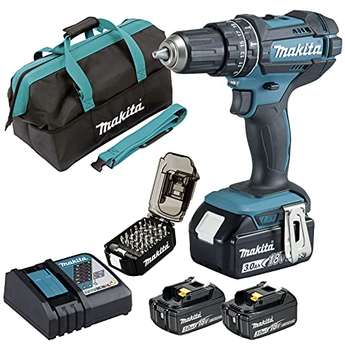 Makita DHP482RFX3 - Taladro atornillador de percusión + 3 baterías 18V 3Ah Li-ion + caja accesorios + bolsa de transporte