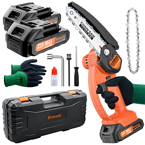 Mini Motosierra Bateria 6 Pulgadas, Bravolu 21V Motosierra Eléctrica Bateria, Motosierra Inalámbrica Portátill de Mano con 2 x 1.5AH Baterías, Perfecta para Poda de Árboles y Corte de Madera