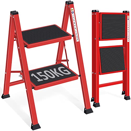 Kingrack Escalera de 2 escalones, taburete plegable, escalera portátil con plataforma grande, escalera multifunción, color rojo