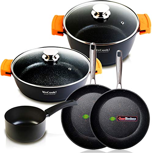 WECOOK EcoChef Titanio Batería Cocina Inducción 5 Piezas Aluminio Fundido Antiadherente QuanTanium + Piedra sin PFOA, Set Cazuelas Tapas Cristal + Sartenes, Asas Silicona, Vitrocerámica, Gas