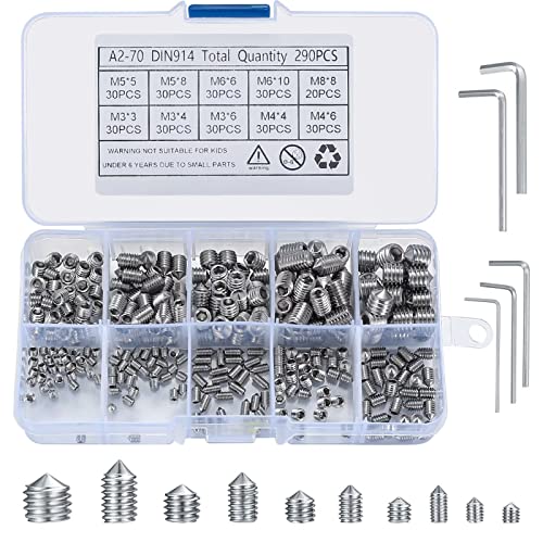 290 Piezas Tornillos Prisioneros de Cabeza Hexagonal, M3/M4/M5/M6/M8 Tornillos Cónicos, Tornillos Varilla Roscada con Hexágono Interior para Manijas de Puertas, con 5 Llave Allen