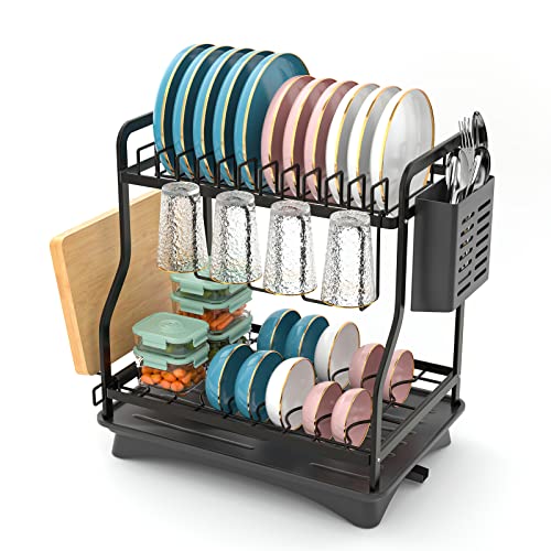E-MANIS Escurridor de Platos para Encimera de Cocina,2 Niveles Escurreplatos de Acero Inoxidable con Desagüe,Escurreplatos Fregadero para Cubiertos y Vasos para Plato,Taza,Tabla de Cortar