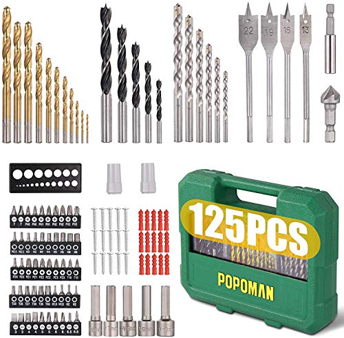 Juego de Brocas Caja, POPOMAN Profesional 125 Piezas Juego de Puntas, Set 125Pcs con brocas y puntas para atornillar y taladrar, Adecuado para Madera, Metal, Plástico, Superficie de Cemento -MTH400