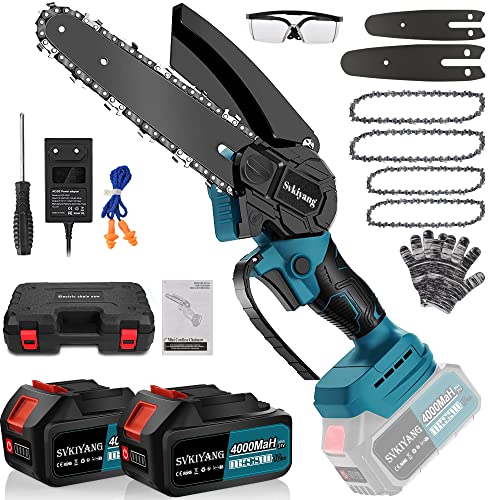 Svkiyang 6“ & 4” Pulgadas Mini Motosierra Bateria,Motosierra Eléctrica Brushless con 2 Baterías 4000+4000mAh,Motosierra Eléctrica Recargable, Rboles, Patio, Jardín(46-Azul-Clásico)
