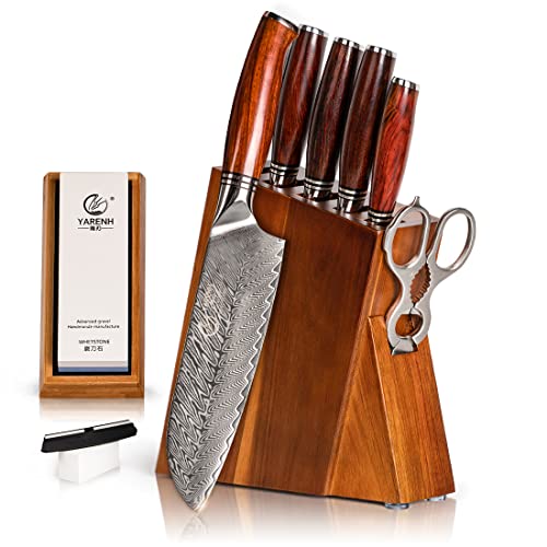 YARENH Juego de Cuchillos de Cocina de Acero Damasco, Bloque de Cuchillos, 8 Piezas, Cuchillo de Cocina de Acero con Alto Contenido de Carbono, con Mango de Sándalo, Profesional Set Cuchillos Chef