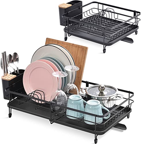 KINGRACK Escurreplatos Extensible, Soportes para Platos, Escurridor Ajustable, con Soporte para Cubiertos Extraíble Caño de Drenaje Giratorio, Antióxido, 1 Pieza, Negro