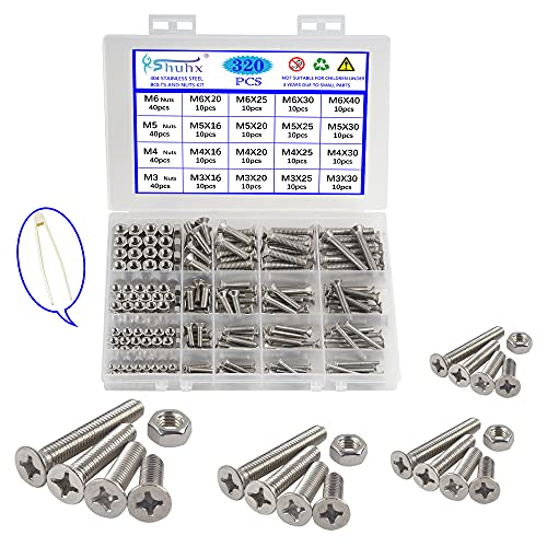 Rshuhx 320PCS M3 M4 M5 M6 Tornillo y Tuerca Acero Inoxidable 304 Tornillo Avellanado Cruzar Tornillo Mecanico de Cabeza Plana Utilizado en Maquinaria y Autopartes Cuna