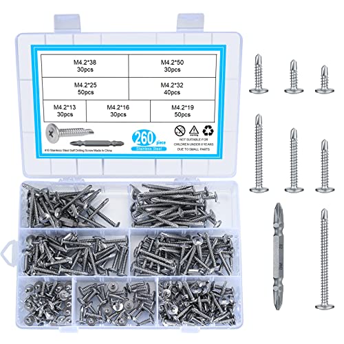 260 Piezas Tornillos Autorroscantes, Tornillos de Cruz de Cabeza Plana Acero Inoxidable, Tornillos Autoperforantes con Cola Perforación para Roscachapas - M4.2*(13mm/16mm/19mm/25mm/32mm/38mm/50mm)