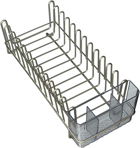 mDesign Escurridor de platos de acero inoxidable – Escurreplatos de plástico con cubertero – Elegante escurrecubiertos para vajilla – Hasta 15 platos + cubiertos – Plateado/Transparente