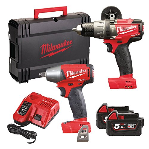 Milwaukee M18FPP2B-502X - Taladro de percusión FPD, llave de impacto M18 FIWF12, 2 baterías de 5.0 ah, cargador rápido, dinacasa