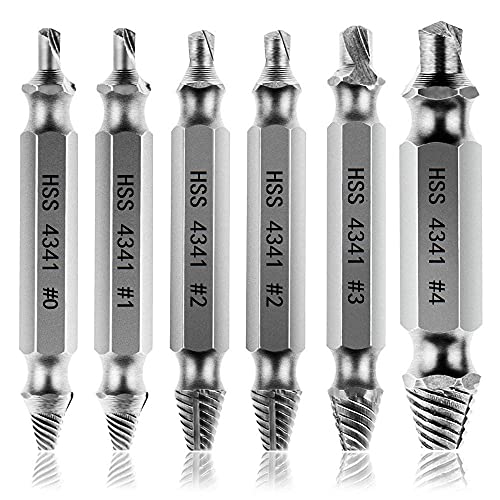 Extractor de Tornillos, [6 pcs] Diyife Extractor de Tornillos Rotos,uego de 6 Extractores de Tornillos Removedor de Pernos Hecho de Acero HSS 4341# Extracción para Quitar Tornillos Rotos Despojados