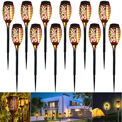 highsam Luz Solar de Exterior, 12 Pack antorchas solares exterior jardin Impermeables para Jardín, Terraza, Patio, Fiestas, Iluminación al Aire Libre, Encendido Apagado Automático