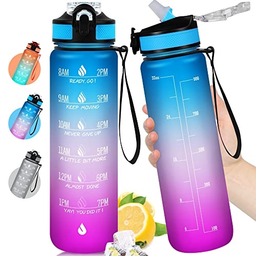 ZOMAKE Botella agua Deporte 1l,Botella de agua con Pajita y Marcador de Tiempo,Cantimplora Gimnasio Sin Bpa,Motivacional,Reutilizable
