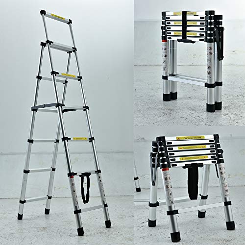 Escalera Telescópica de Aluminio, Escalera Plegable con Bloqueo de Seguridad y Pedal Antideslizante, Escaleras Extensible Multiuso Loft Ladder, Capacidad de 150kg, 5+6 peldaños (1.7M + 2M)