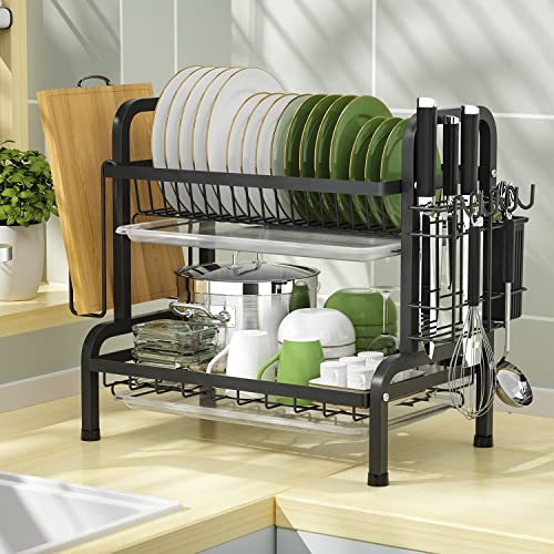 Aisutha Escurreplatos Acero Inoxidable, Multifunción 2 Niveles Escurridor de Platos para Fregadero con Soporte para Tabla de Cortar Bandeja de Goteo, Alta Capacidad Escurridor Platos, Negro
