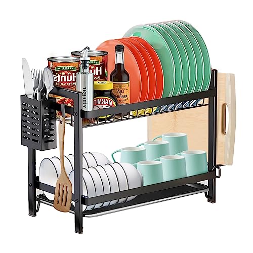 MXTIMWAN Escurridor de Platos, Escurreplatos Acero Inoxidable Cocina, Escurre Platos Armarios, 2 Niveles Escurridor Fregadero de Platos con Soporte para Tabla de Cortar et Bandejas de Goteo, Negro