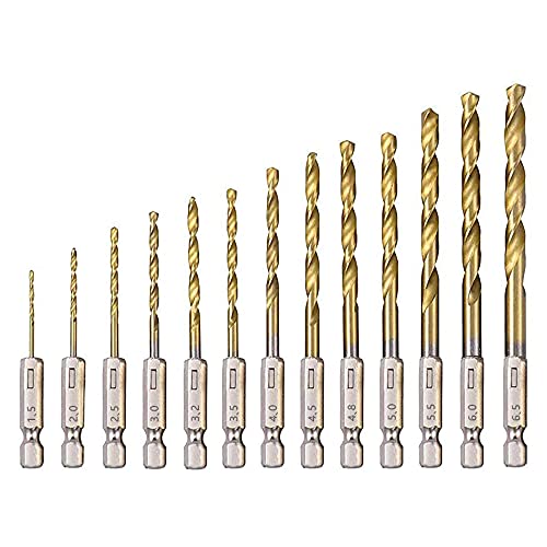 Juego de brocas helicoidales HSS, 13 brocas de acero recubierto de titanio de alta velocidad con resistente al calor de 1,5 mm a 6,5 mm para herramientas de perforación de madera/metal/plástico
