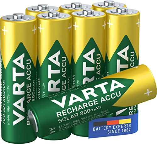 Varta Pila Mignon de Ni-Mh Recharge Accu Solar (AA, 800 mAh, paquete de 8 unidades), recargable sin efecto de memoria - Listo para usar