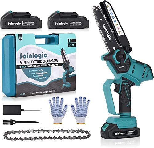 Sainlogic Mini Motosierra Bateria 6 Pulgadas, 2x2000 mAh Baterías, Motosierra Eléctrica Inalámbricas con Cerradura de Seguridad, Negro azulado