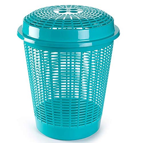 Tradineur - Pongotodo redondo con tapa, Cestos para la colada, Cesta para ropa, 45,5 x 45,5 x 57,5 cm (Azul turquesa)