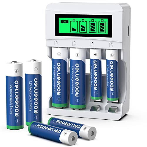Delyeepow Cargador Pilas Recargables AA y AAA - Incluye 4 Pilas AA Recargables de 3300mAh y 4 Pilas AAA Recargables 1100mAh Ni-MH con LCD Cargador