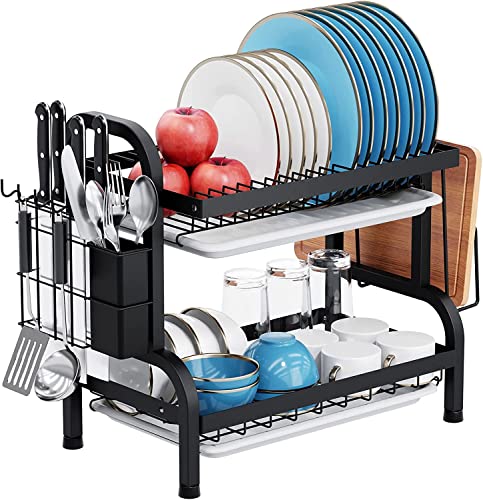 E-MANIS Escurridor de Platos con Dos Bandejas de Agua, Escurreplatos Acero Inoxidable de Doble Capa, Soporte de Tabla de Corte, Soporte de vajilla en el mostrador de la Cocina