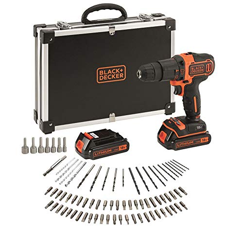 BLACK+DECKER BDCHD18BAFC Taladro Percutor con 80 accesorios Velocidad variable Luz LED 2 Baterías de 1.5Ah y Maletín