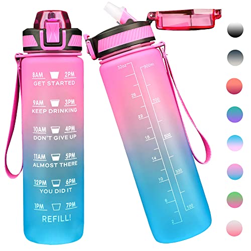 Bugucat Botella de Agua Deportiva 1L, Botella Agua con Pajita, Prueba de Fugas Botella para Beber con Marcador de Tiempo Motivadora, Tritan sin BPA,Cantimplora Botella para Sport Gimnasio Bicicleta