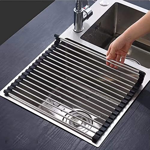 AwmnSrman Escurreplatos Acero Inoxidable sobre Fregadero Negro Secador de Cocina Enrollable Extraíble de Acero Inoxidable para el Fregadero 43CM*35CM Soportes para Platos