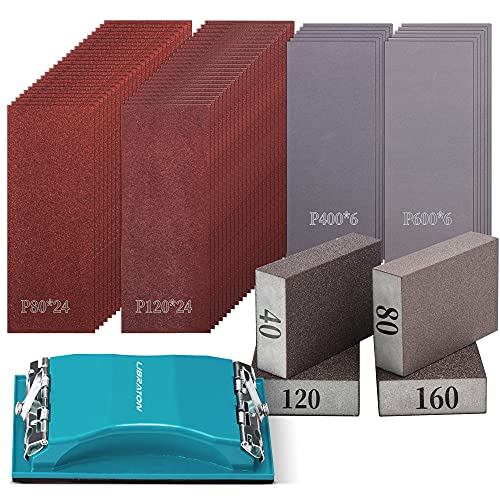Libraton Papel de Lija 65 Piezas, K80-K600 Lijas Madera, Lijas al Agua, Lija Metal, Lija para Madera, K80 K120 K400 K600, Esponja Abrasiva K40 K80 K120 K160, Tacos de Lijado, Lijadora Manual