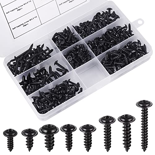 350PCS Tornillos Autorroscantes M3 M3.5 M4 M4.8 Tornillos Negros Cabeza Plana Duradero Negro Cincado Kit Surtido Tornillos Autorroscantes Tornillos Roscachapas con Caja Práctica de Plástico