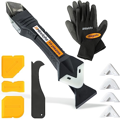Hinrichs 10 piezas Rascador Silicona - Quita Silicona Juntas - Herramientas Eliminador de Silicona con Espatula Quitar Silicona - 3 en 1 Kit de Silicona - Cocina, Baño y Pavimentos - Guantes incluidos