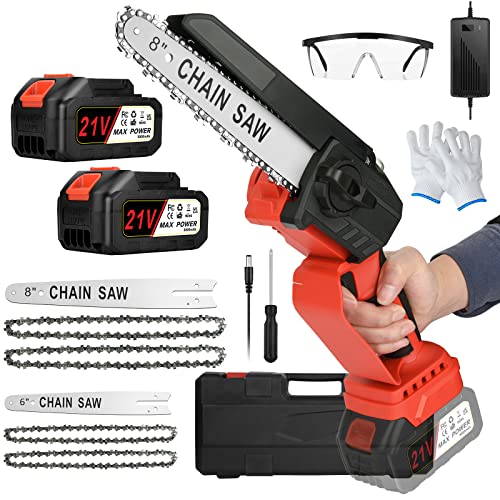Motosierra Bateria, 6&8 Pulgadas Motosierra Eléctrica Inalámbrica,con Batería 2 X 21v 3000mah Para Jardinería, Poda, Corte De Madera(Rojo)