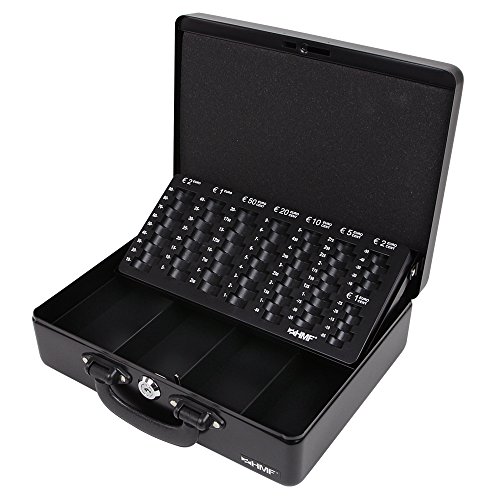 HMF 10026-02 Caja de caudales, caja de dinero con bandeja de recuento de monedas, 2 asas, 30 × 24 × 9 cm, negra