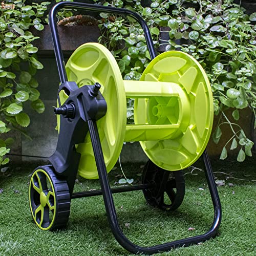 BricoLoco.com Carrete Soporte Manguera jardín o riego con enrollador hasta 60 Metros. Recoge mangueras Agua enrollables. Carro portamangueras con Ruedas, Enchufe rápido y antigoteo.