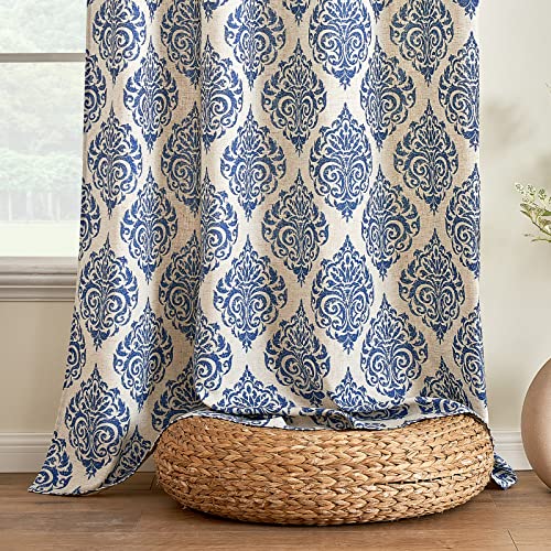 MIULEE Cortina Estampado de Damasco Cortina de Lino Semitransparente Diseño Boho Porteger Pravidad Duradera para Salón Habitación Dormitorio Sala de Estar Cocina Cafetería 2 Hojas 140x260cm Azul
