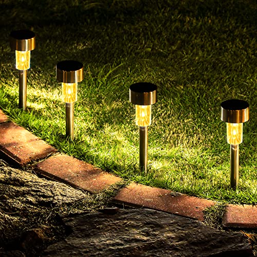 Soplex - Paquete de 16 luces solares para caminos, luces solares para exteriores, jardín, paisaje, camino, patio, patio, entrada y pasarela (acero inoxidable) Blanco cálido