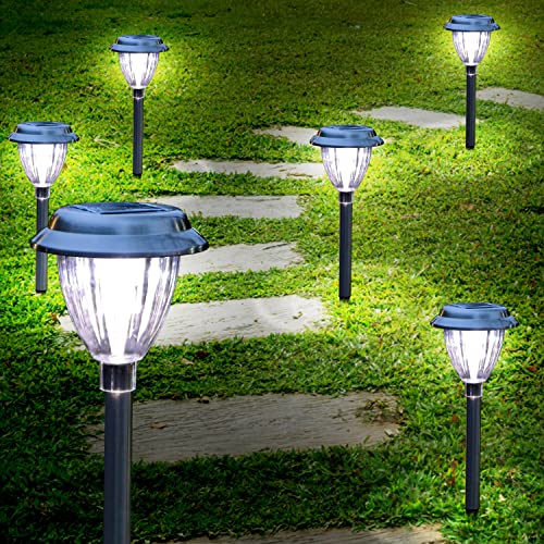 Aigostar Luces solares Jardín 6 Pack, Lámpara LED Luz solar exterior, Luz Fría 6500K. IP44 Acero Inoxidable Luces solares para exterior jardin, Para Patio Césped Pasillo Terraza, L125*W125*H404mm