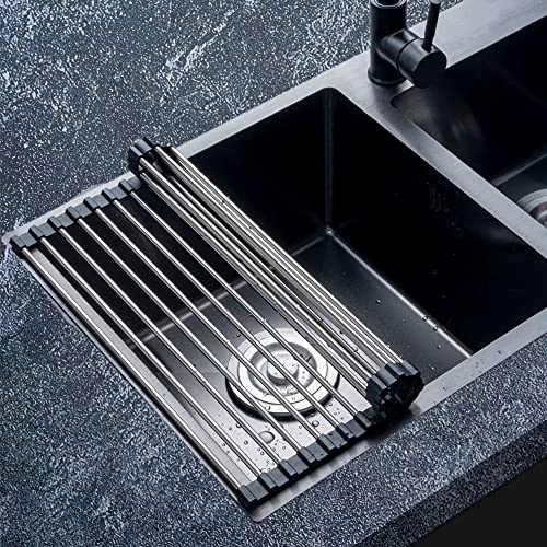 Goopool Escurreplatos Acero Inoxidable sobre Fregadero Secador de Rollos de Acero Inoxidable Plegable y Extraíble Cesta de Malla de Drenaje 43CM*35CM
