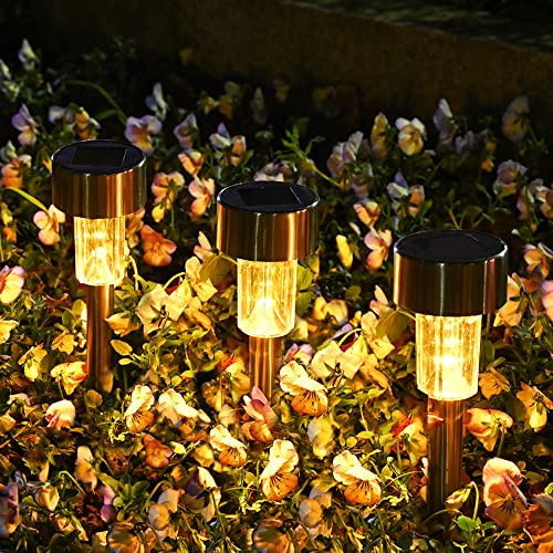 Solpex Luces solares para exteriores, paquete de 12 luces solares para pasarela al aire libre, luces LED de jardín para paisaje/patio/césped/yarda/entrada-blanco cálido (acero inoxidable)