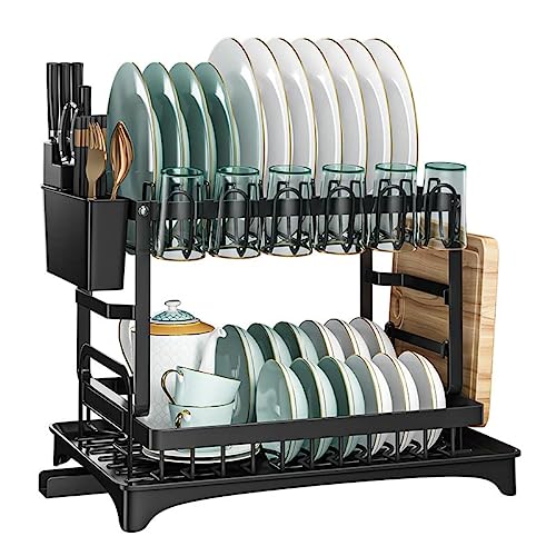 Taotigzu Escurreplatos Acero Inoxidable para Cocina, Soporte de Drenaje Automático, Escurreplatos Negro, Escurridor Platos de 2 Niveles