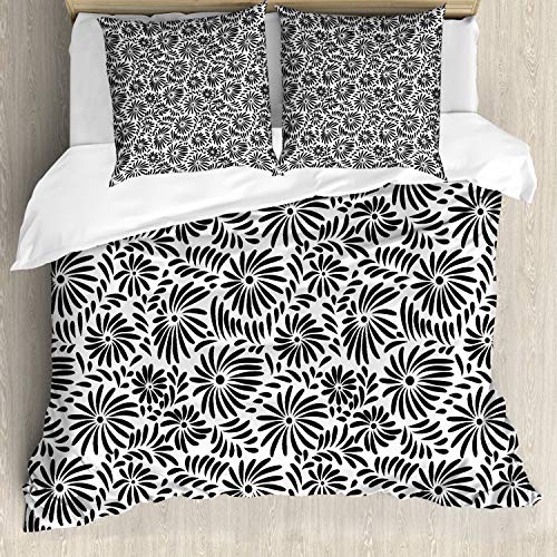 ABAKUHAUS En Blanco y Negro Ensemble de Housse de Couette, Simple de la Flor, Estampado Lavable, 3 Piezas con 2 Fundas de Almohada, 200 cm x 200 cm - 80 x 80 cm, Blanco Negro