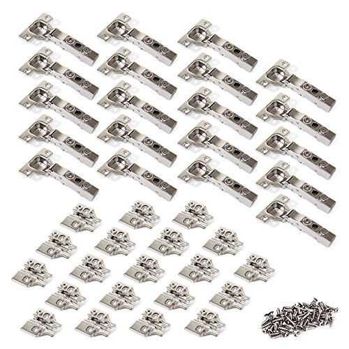 Emuca - Pack de 20 Bisagras de Cazoleta Ø35mm Apertura 100º para Puertas Solapadas con Suplementos para Atornillar y Regulación Excéntrica, Alineación Tridimensional, Acero Níquel,