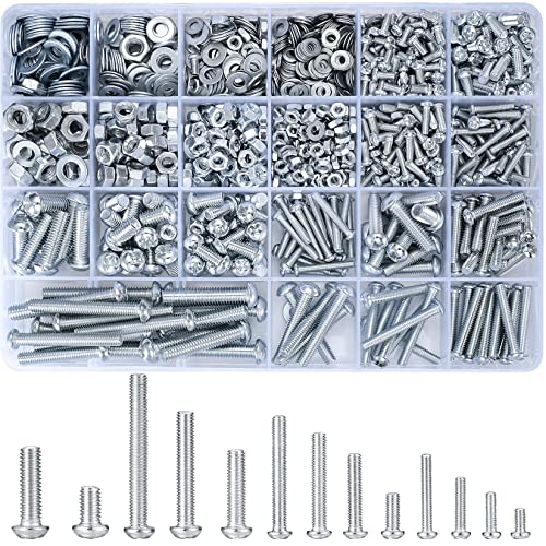 Juego de tornillos M3 M4 M5 M6 de 1080 piezas con tuercas hexagonales y arandelas, tornillos de cabeza de botón, juego de tornillos roscados, tornillos de cabeza Phillips