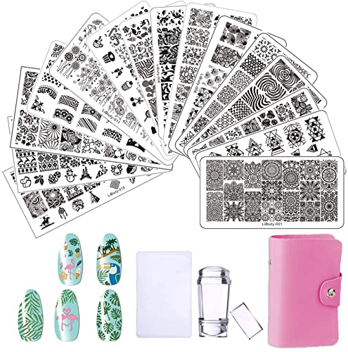 JEEWHEET 15PCS Nail Art Stamping Plates, Placas Estampacion Uñas Nail Stamping,Kit de Uñas, 1 Sello, 1 Raspadore, 1 Rosa Bolsa para Placas, Patrón Flores y Mariposas Plantilla Estampado de Uñas Sello