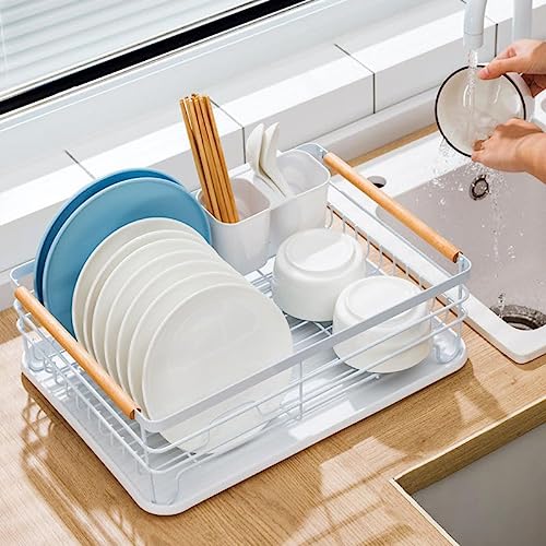 Escurreplatos,Escurreplatos con Mango de Madera, Escurridor de Platos, Soportes para Platos, Blanco