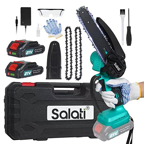 Mini Motosierra Bateria, Salati 6-Pulgadas Motosierra Eléctrica Bateria con 2 Baterías 2.0Ah, 2 Cadenas, Motosierra Inalámbricade con Bloqueo de Seguridad para Ramas, Rboles, Patio, Hogar, Jardín